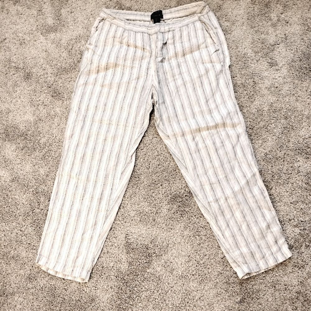 Taharai Grey And Ivory Striped Linen Culotte Wide Leg  High Rise Pants Sz L